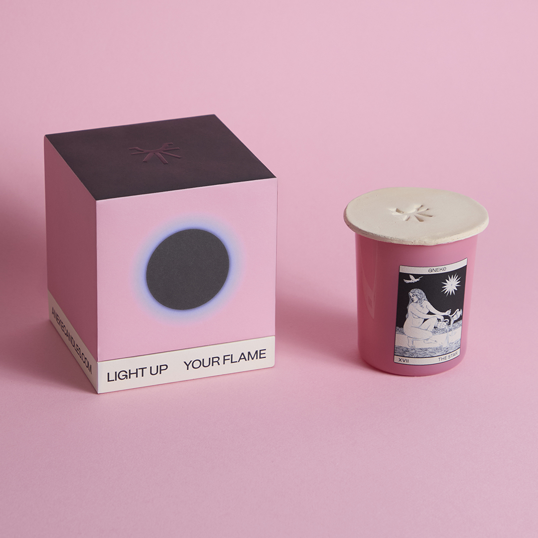 pink decorative scented candle with the star tarot and ceramic candle cover