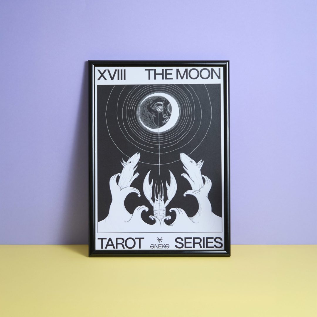black and white tarot series poster with title the moon