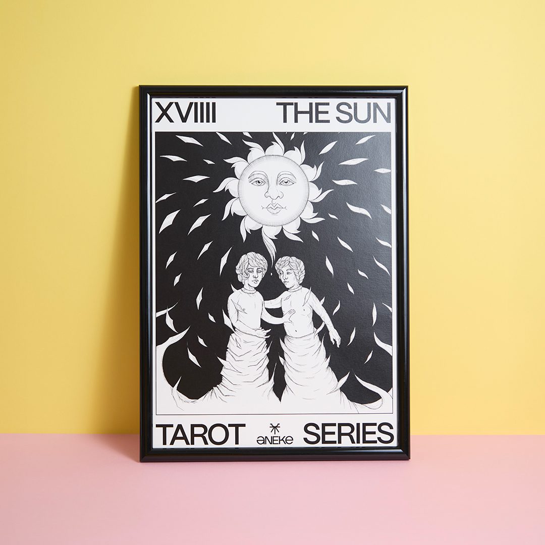 black and white aneke tarot series poster with title the sun